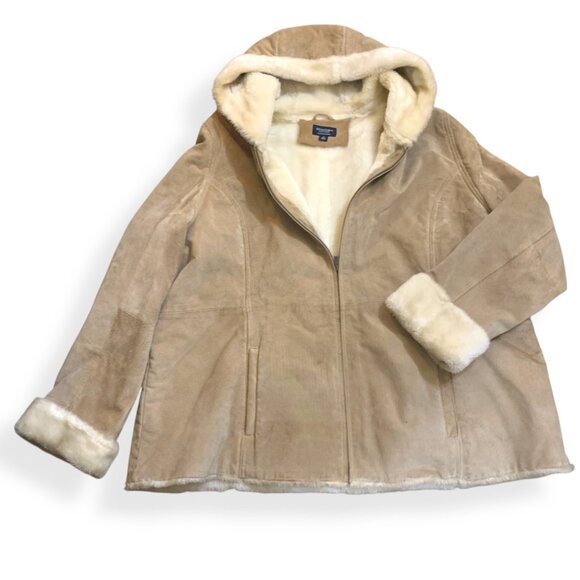 Women’s Suede Penny Lane Coat Tan Ivory Faux Fur Hood Cuffs Sz XXXL Boho - Picture 3 of 12